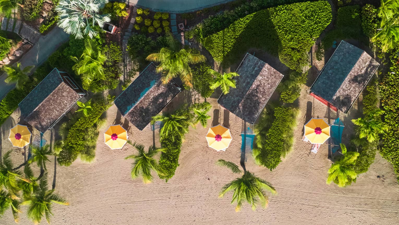 A beach with yellow umbrellas and palm trees.