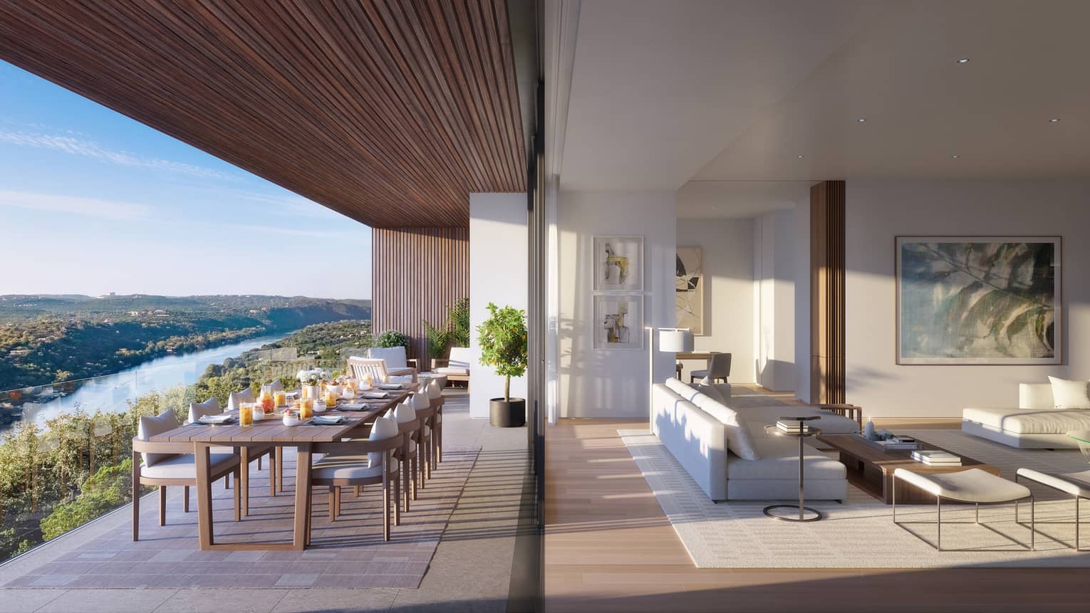 Airy living room and adjoining outdoor terrace overlooking Lake Austin