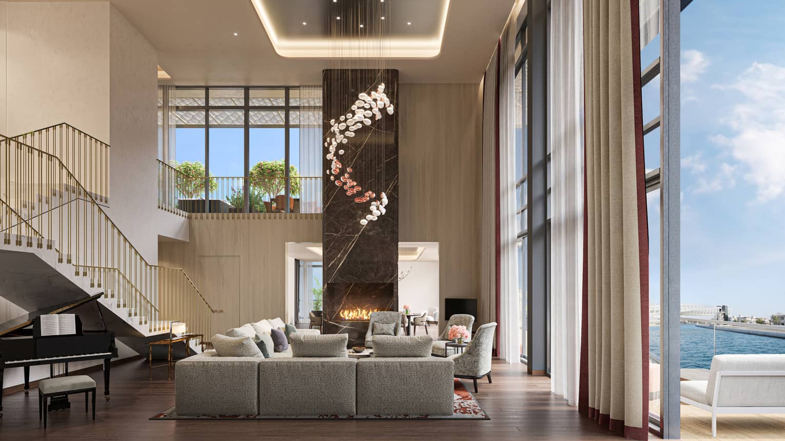 Rendering of interior living room and floor-to-ceiling windows