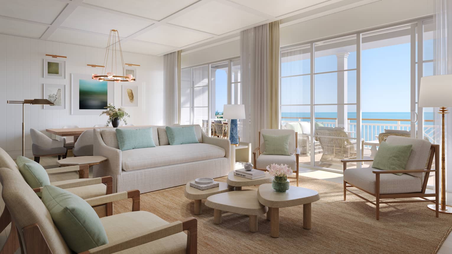 Large resort suite's living room with sofa, four arm chairs, dining table, and large ocean-view balcony