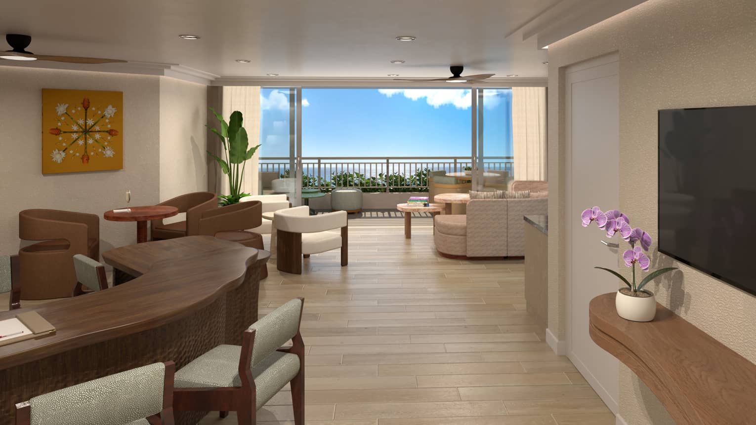 Club Lounge at luxury resort, featuring light hardwood floors, a bar and lounge seating