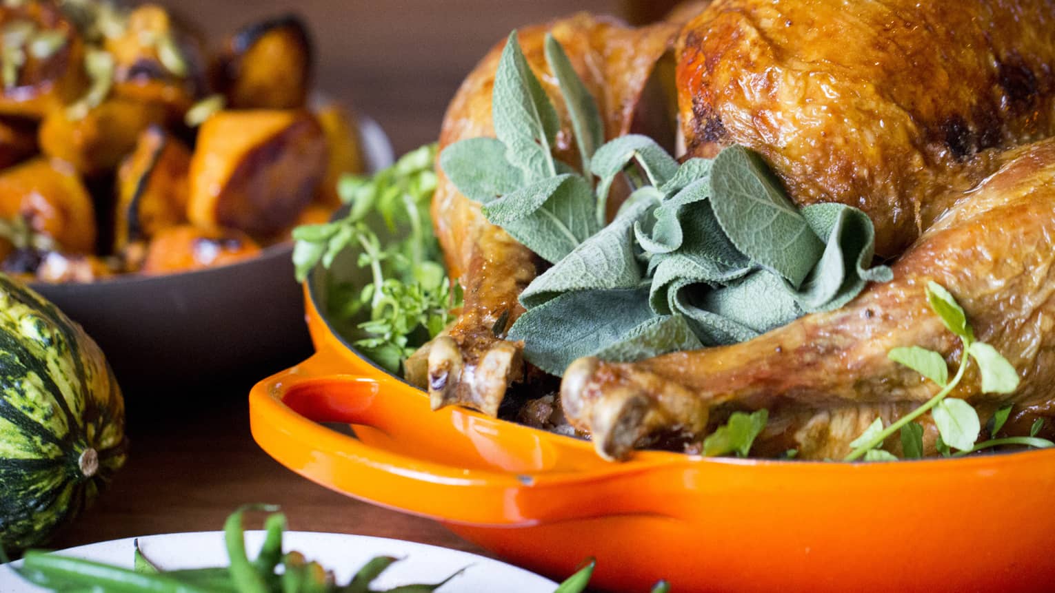 Thanksgiving turkey in orange dish 