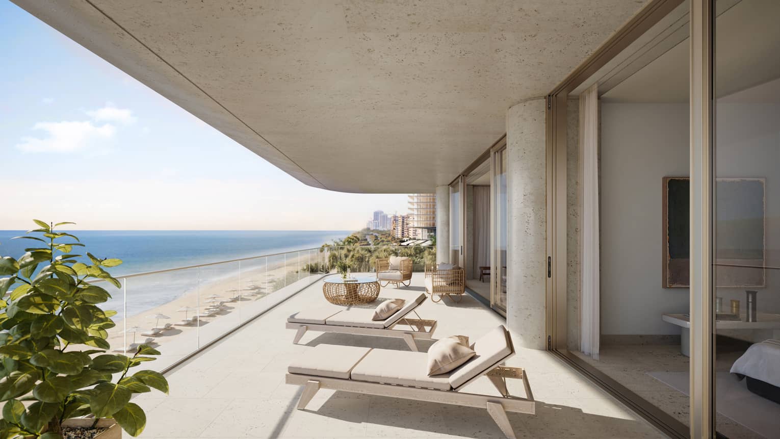 Rendering of exterior deck with lounge chairs and view of the ocean