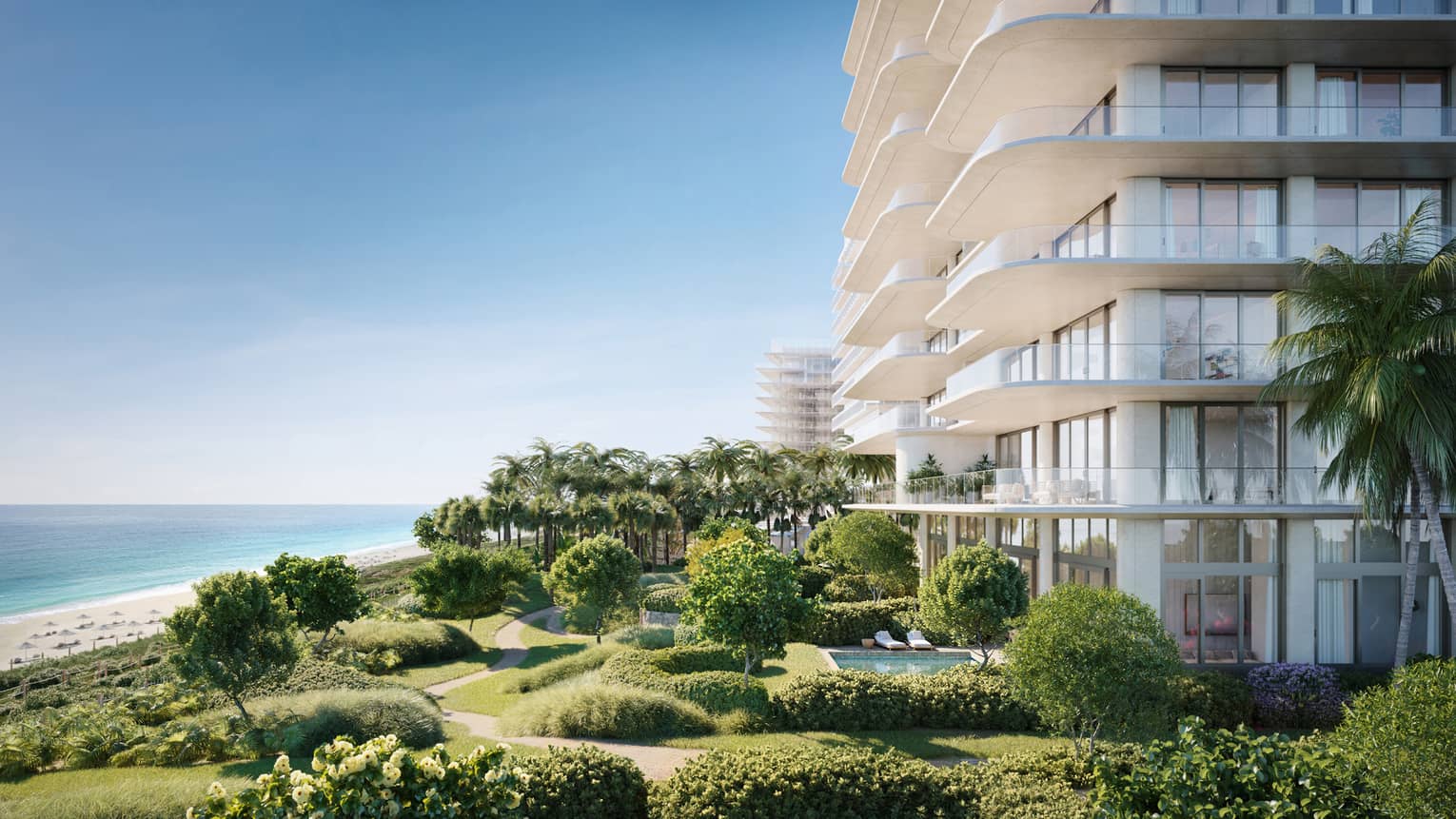 Rendering of building exterior, ocean and greenery