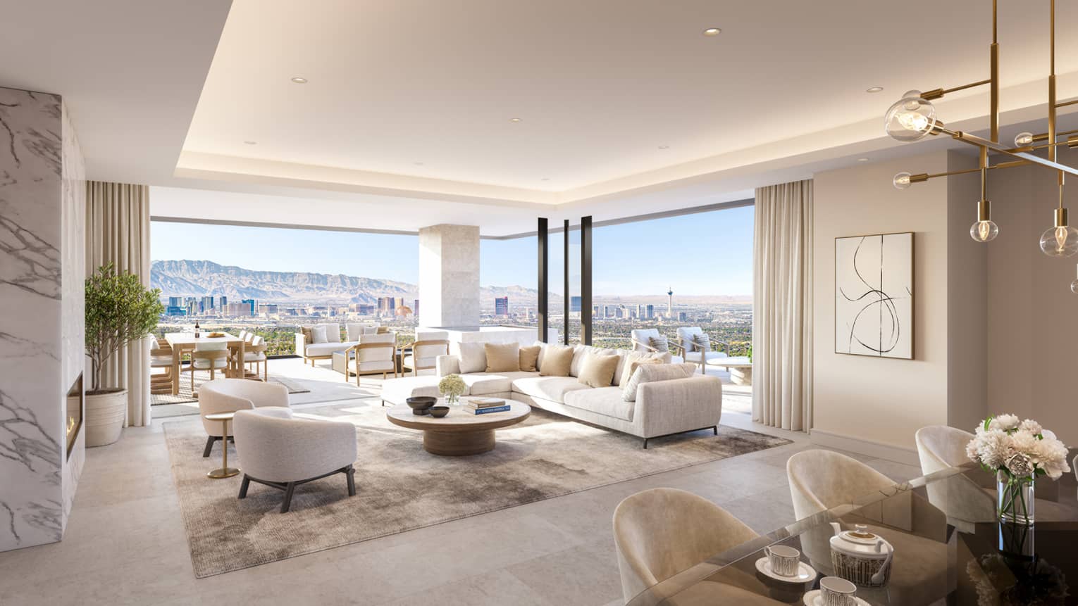 Rendering of residence living room and floor-to-ceiling windows