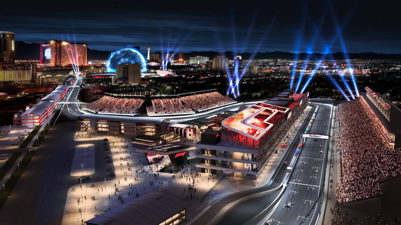 A race track with spot lights, crowded seats and cars racing at night.