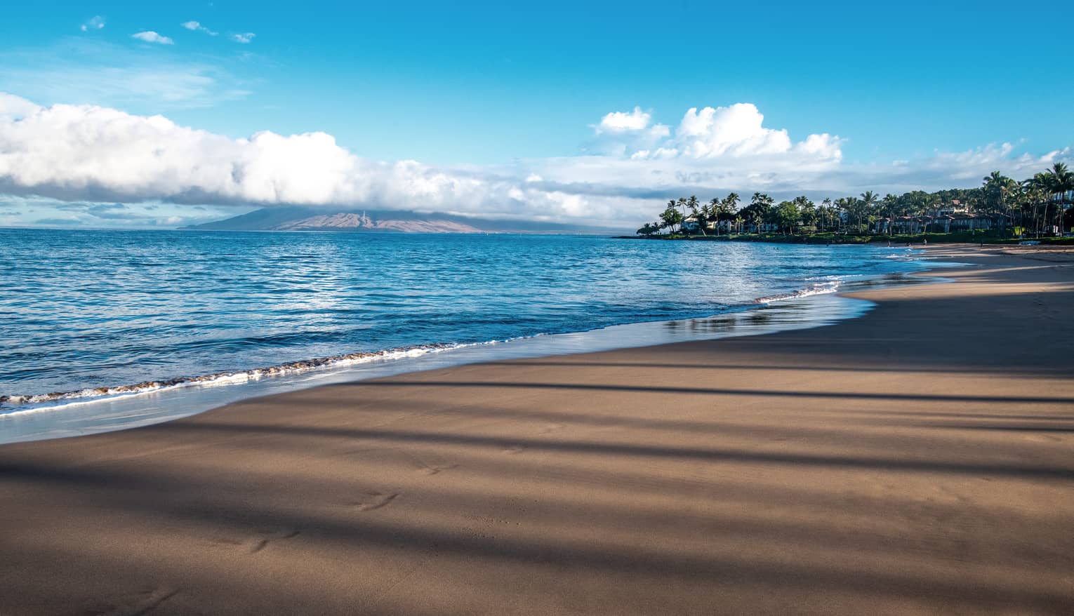 A beach shore with blue waters and a bright sky.