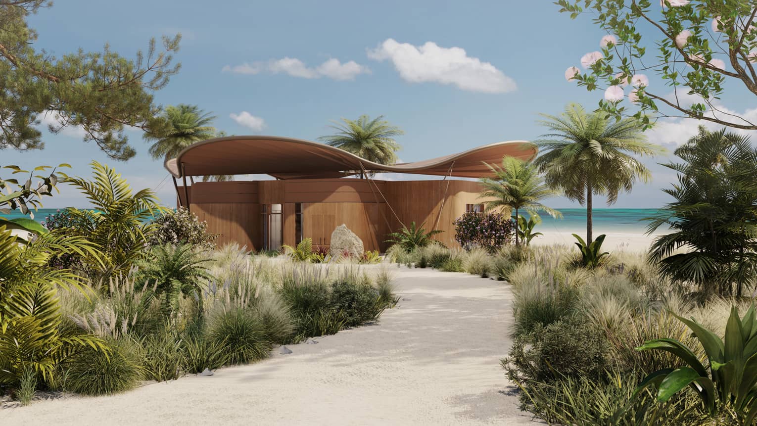 Exterior of residence building and sand pathway leading to it