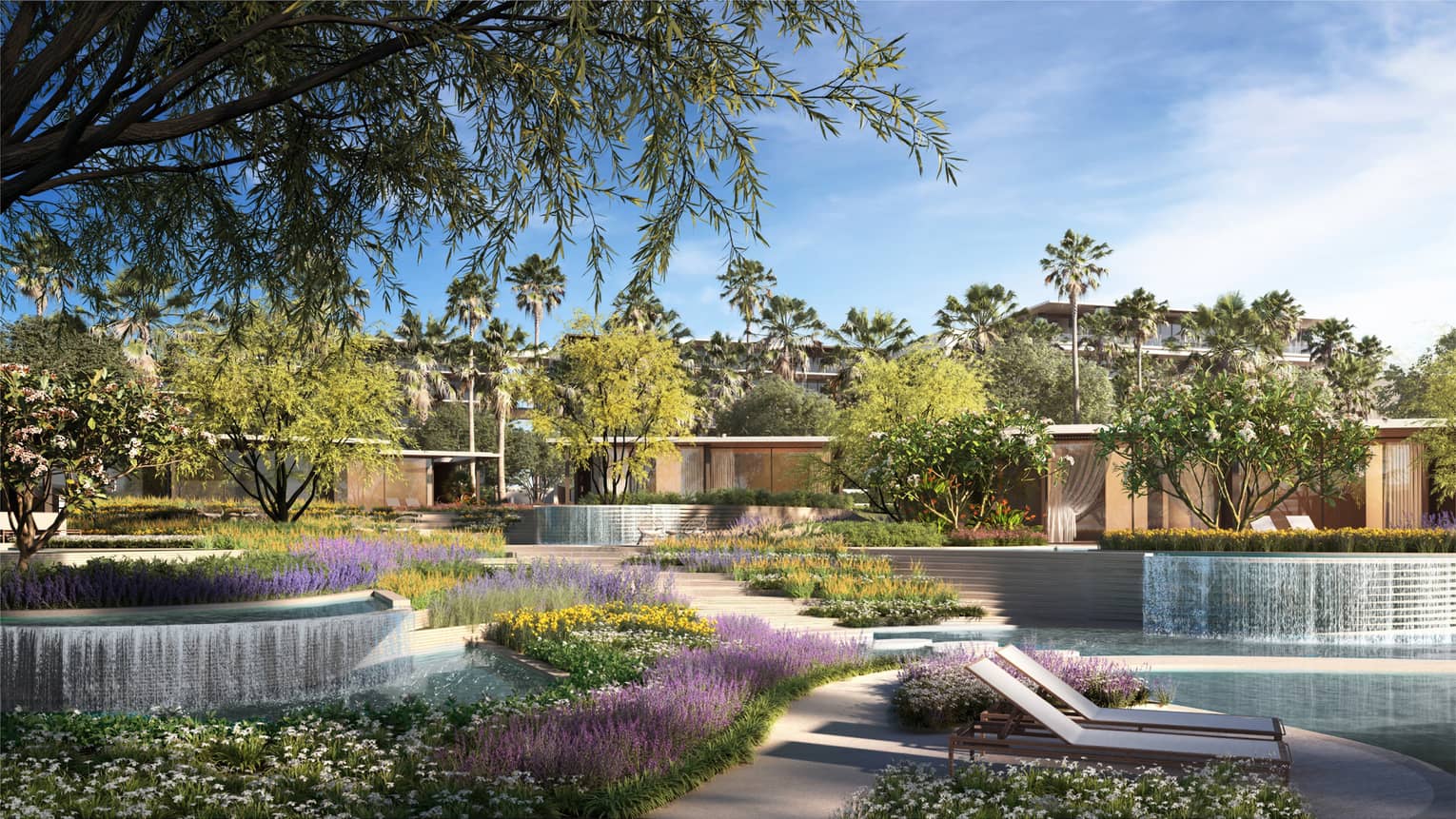 Rendering of greenery and water features surrounding the property