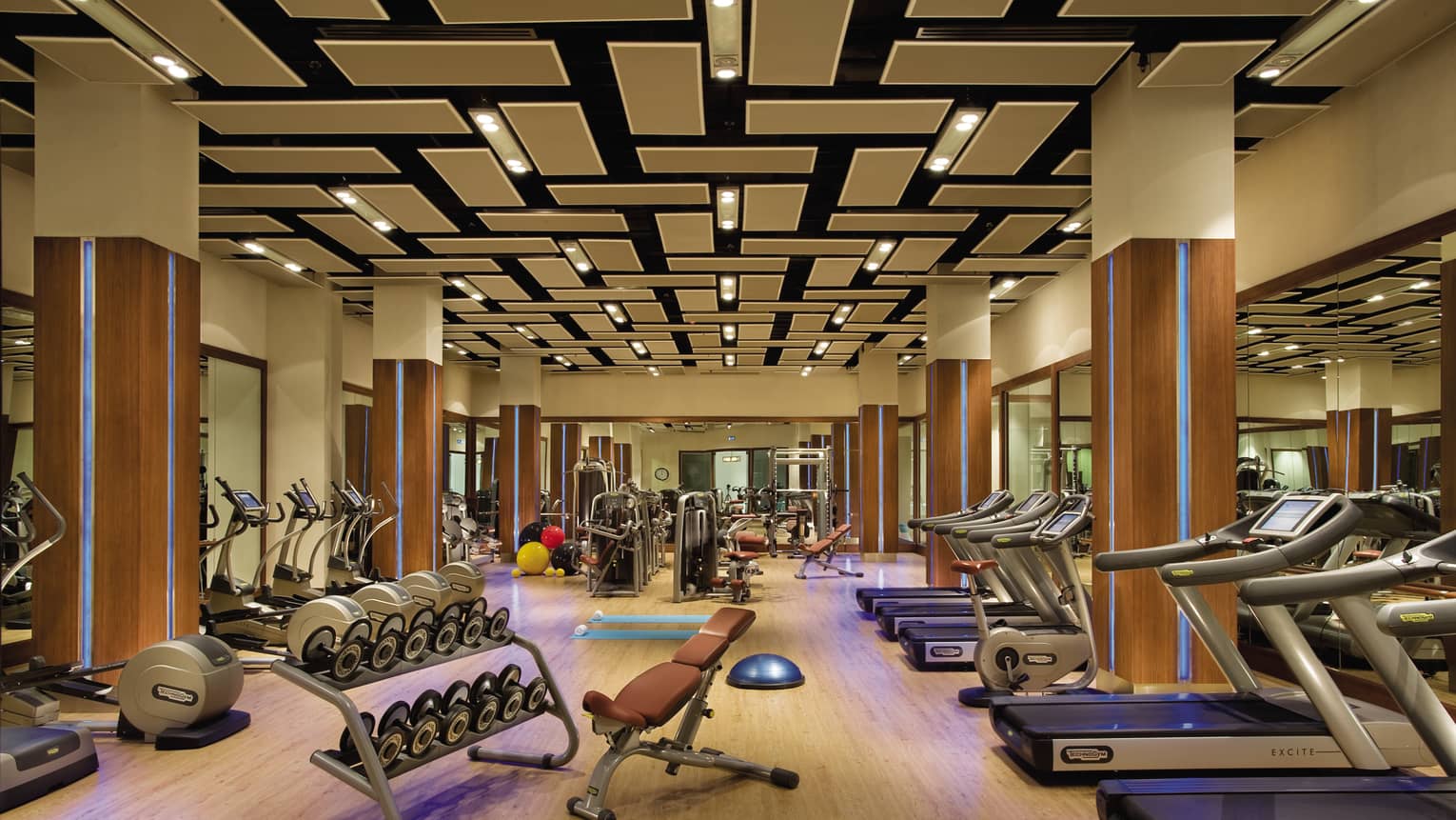 Fitness room cardio machines, racks with hand weights, wood pillars