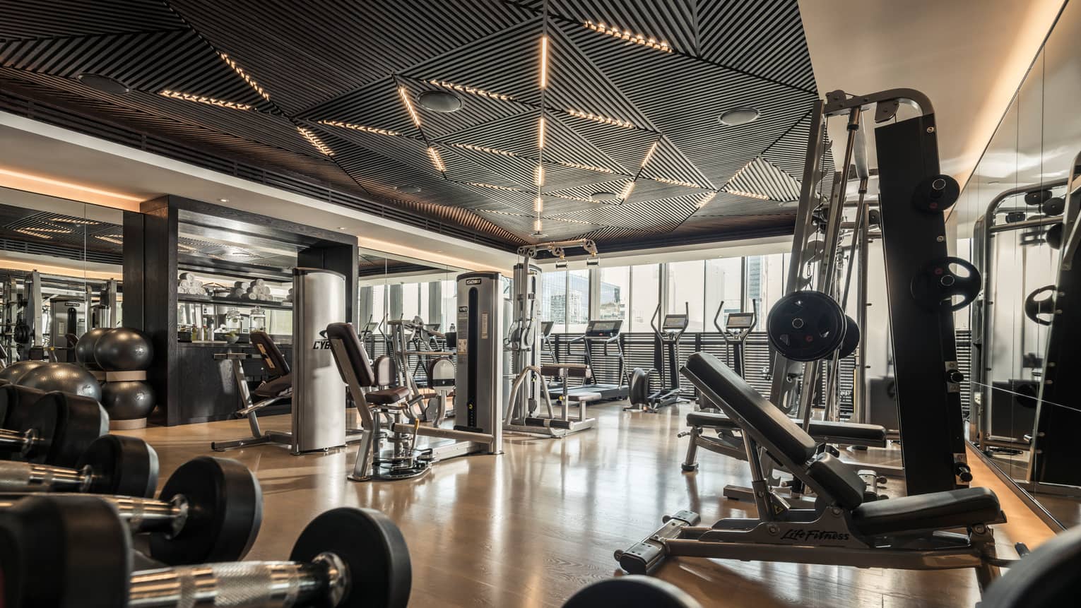 Cardio machines and weight stations line the Fitness Centre 
