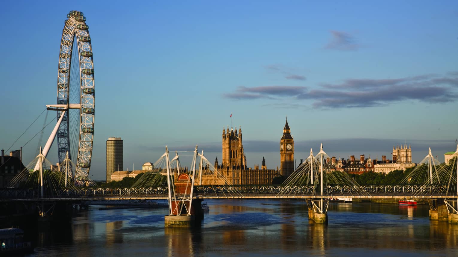 Wide shot of the London Skyline, including Tower Bridge, Big Ben, London Eye and other buildings