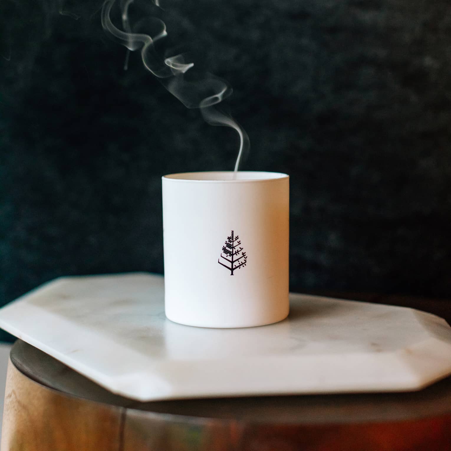 Smoke rising from candle with Four Seasons logo on table