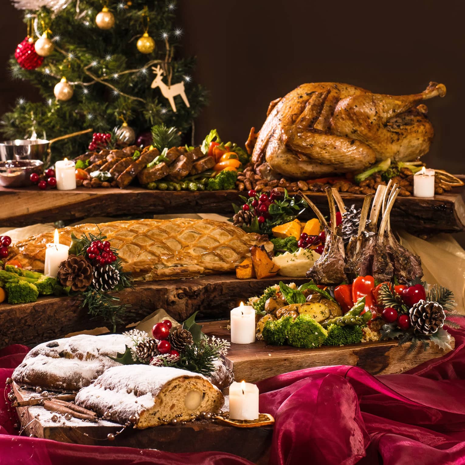 A festive assortment of food and decorations.