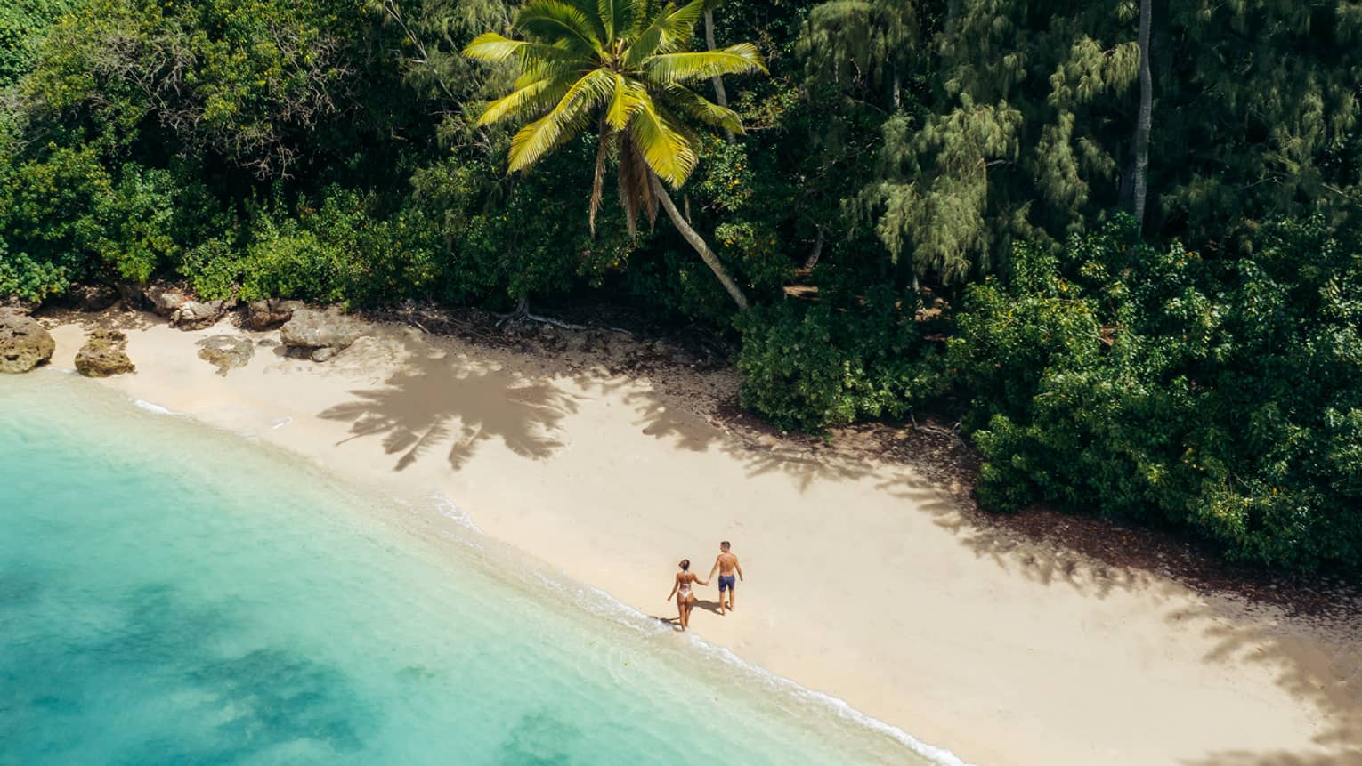 Two people walking on private beach with tropical trees and turquoise water