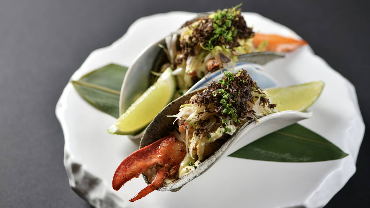 Two lobster tacos with celeriac aioli and black truffle plated on an organic-shaped white platter and garnished with two lime wedges and a large green leaf