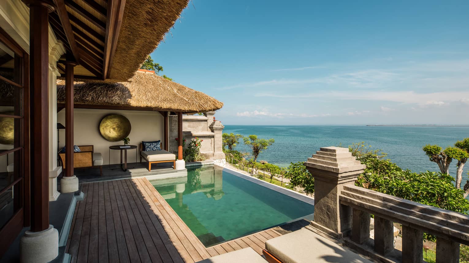Premier Ocean Villa sunny patio with private swimming pool, large deck, brass art, ocean views