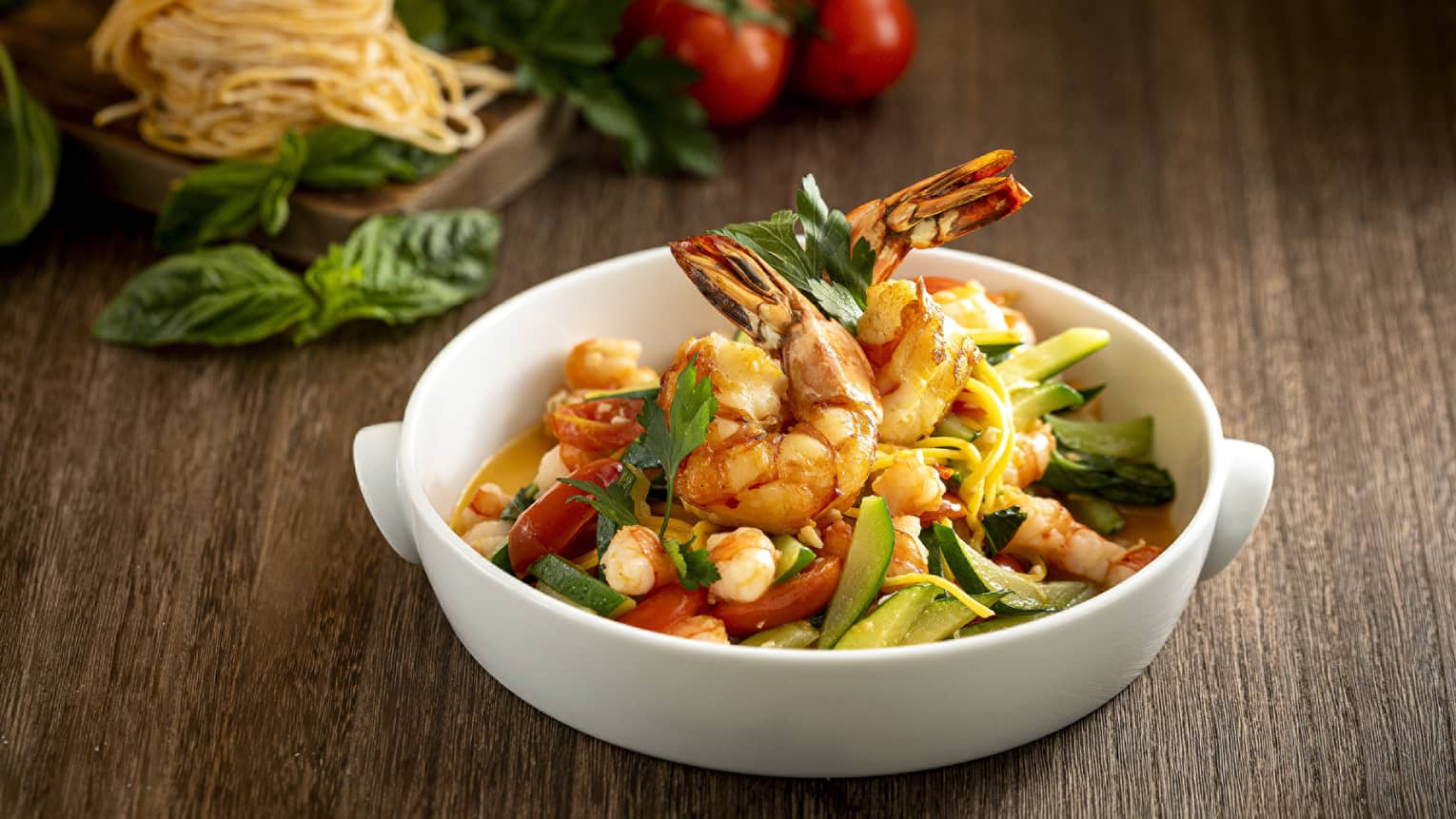Homemade Tagliolini, Tomatoes, Courgette, Tiger Prawns