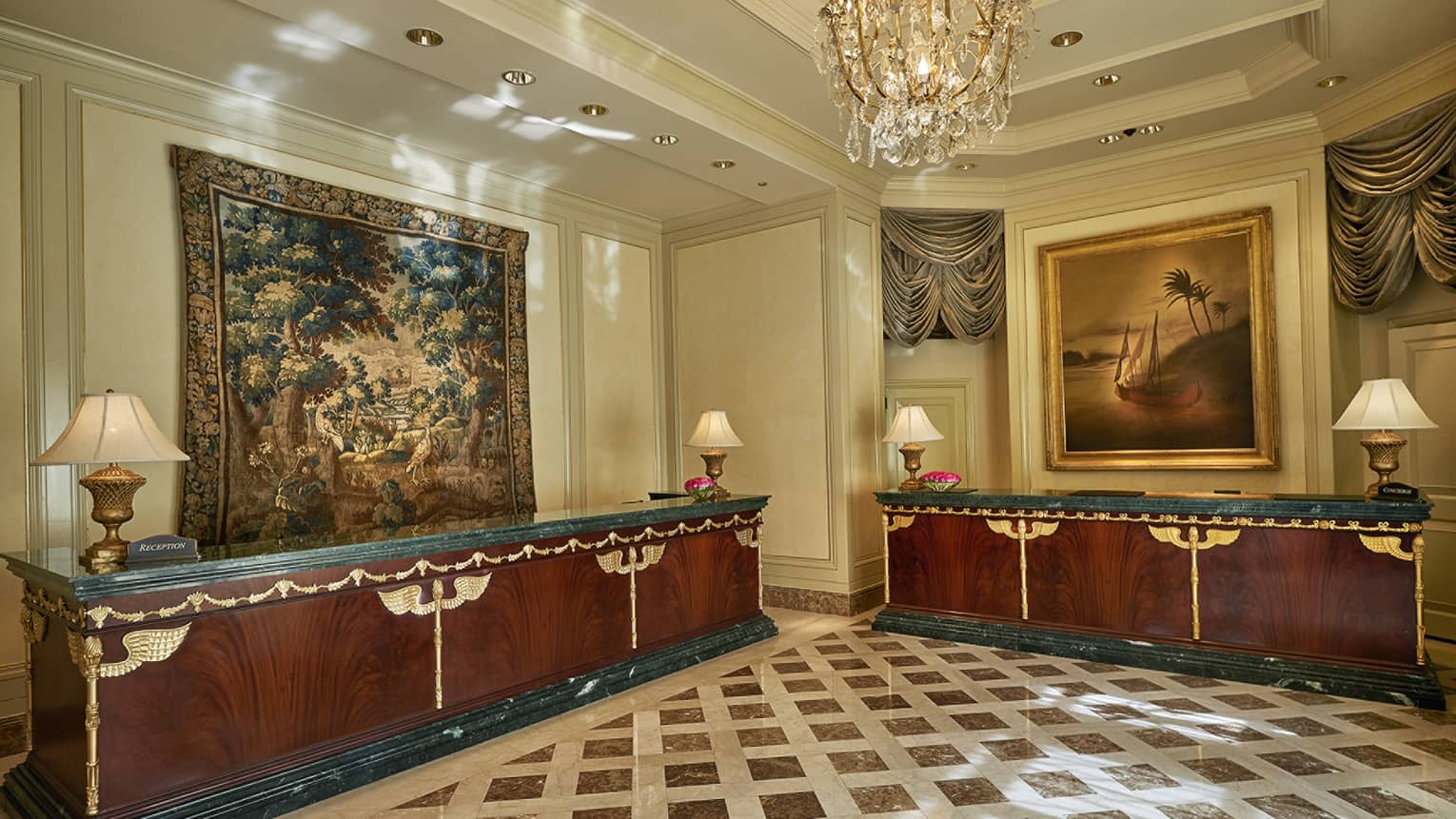 Hotel lobby with tapestry, art and marble flooring
