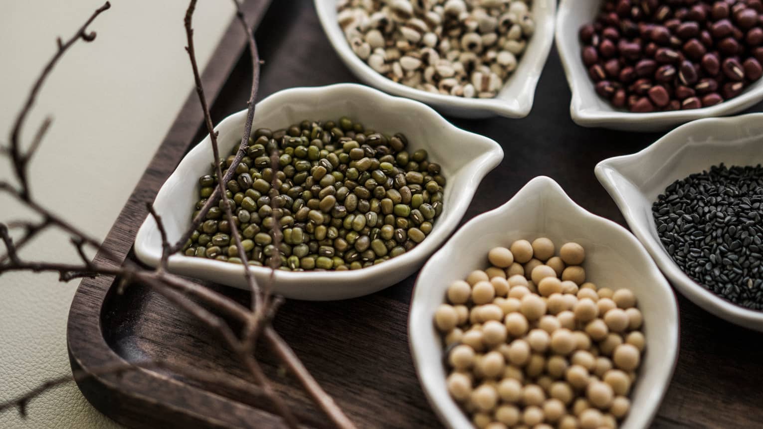 Small white leaf-shaped bowls with small dried beans, lentils