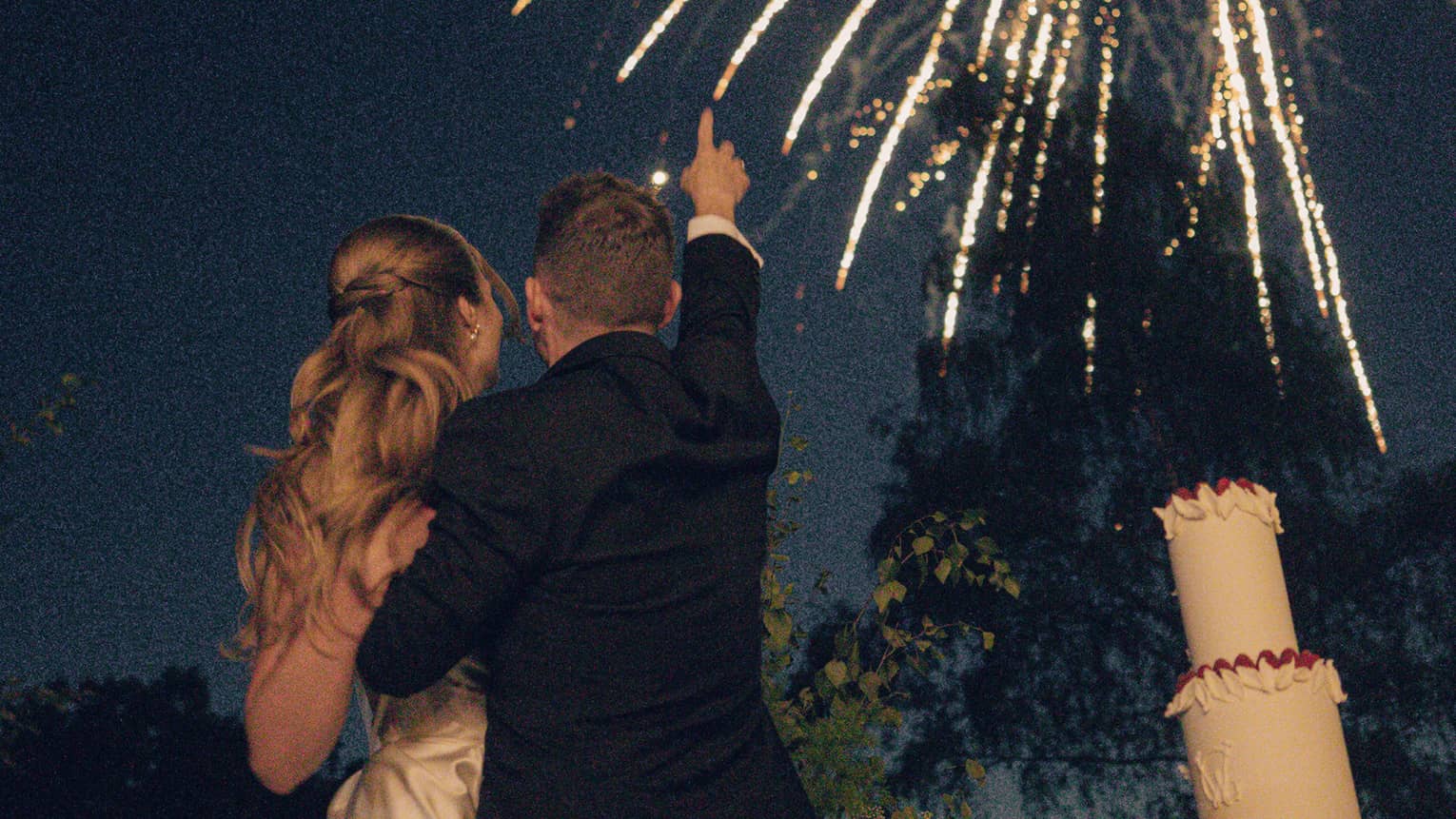 A bride and groom look at fireworks in a night sky.