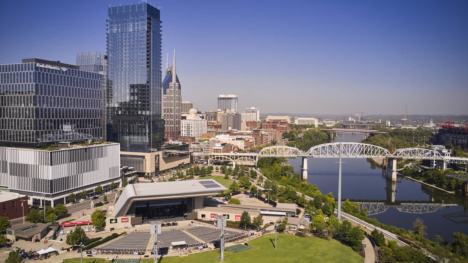 View of Nashville city, the river and outdoor stadium