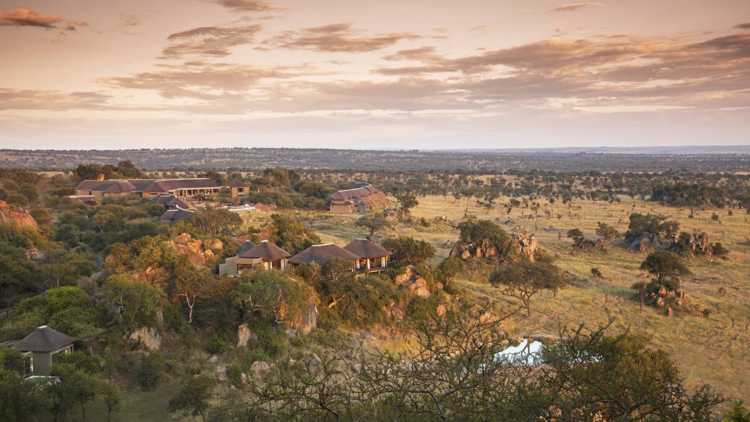 Sunset over villas, plains at Four Seasons Safari Lodge Serengeti 