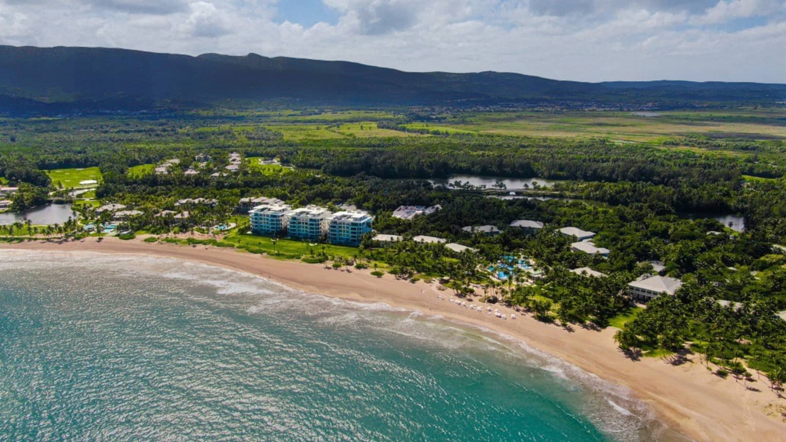 Aerial view of ocean, beach, resort buildings and greenery beyond