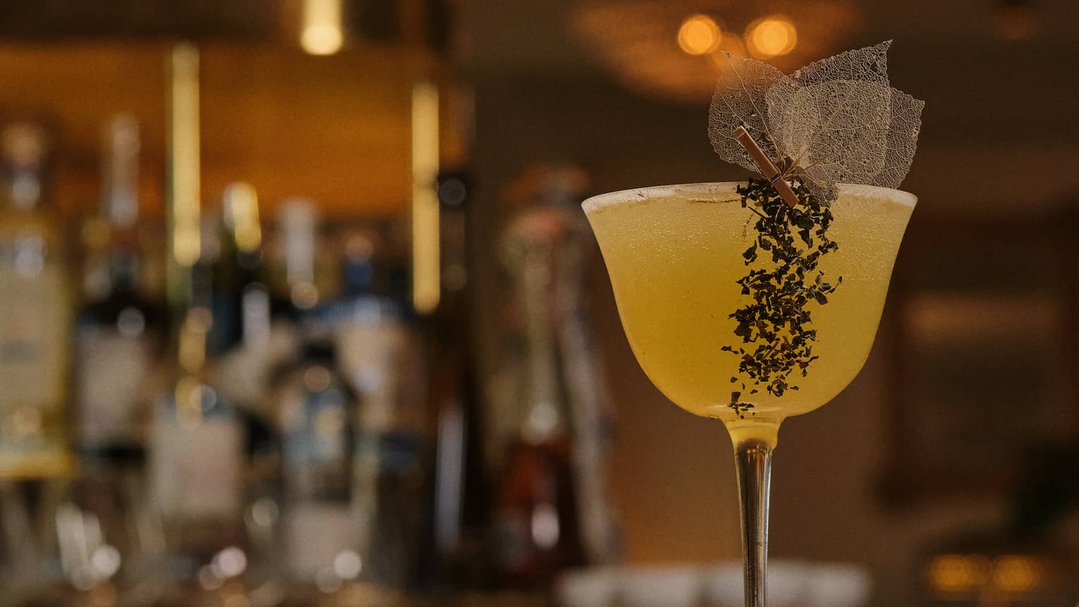 Gin cocktail served in a tall stemmed glass and garnished with herbs