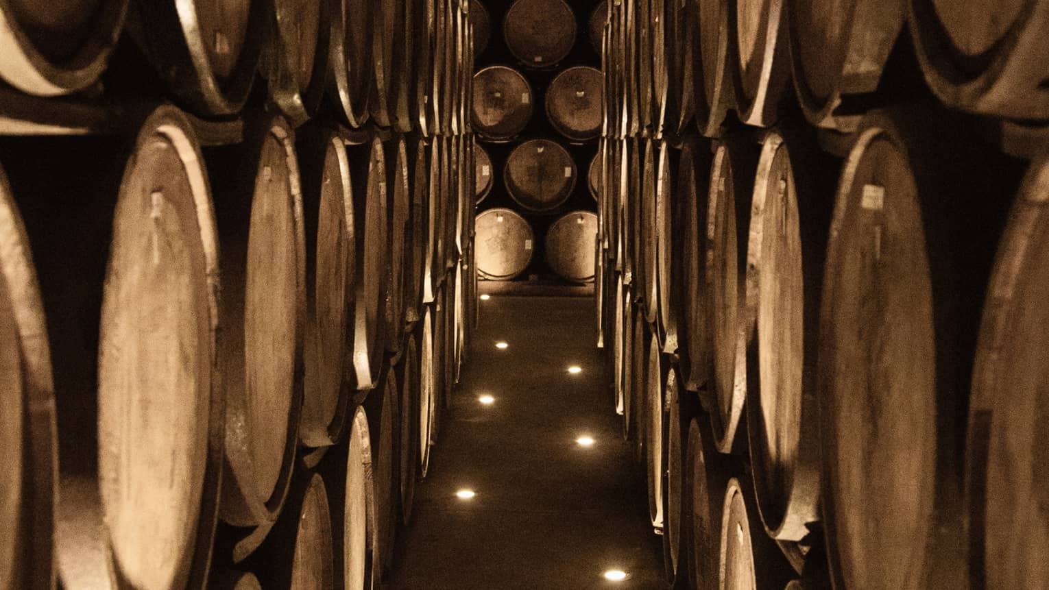 A narrow aisle lined with stacked wooden barrels, dimly lit by small floor lights, leading to a wall of more barrels.