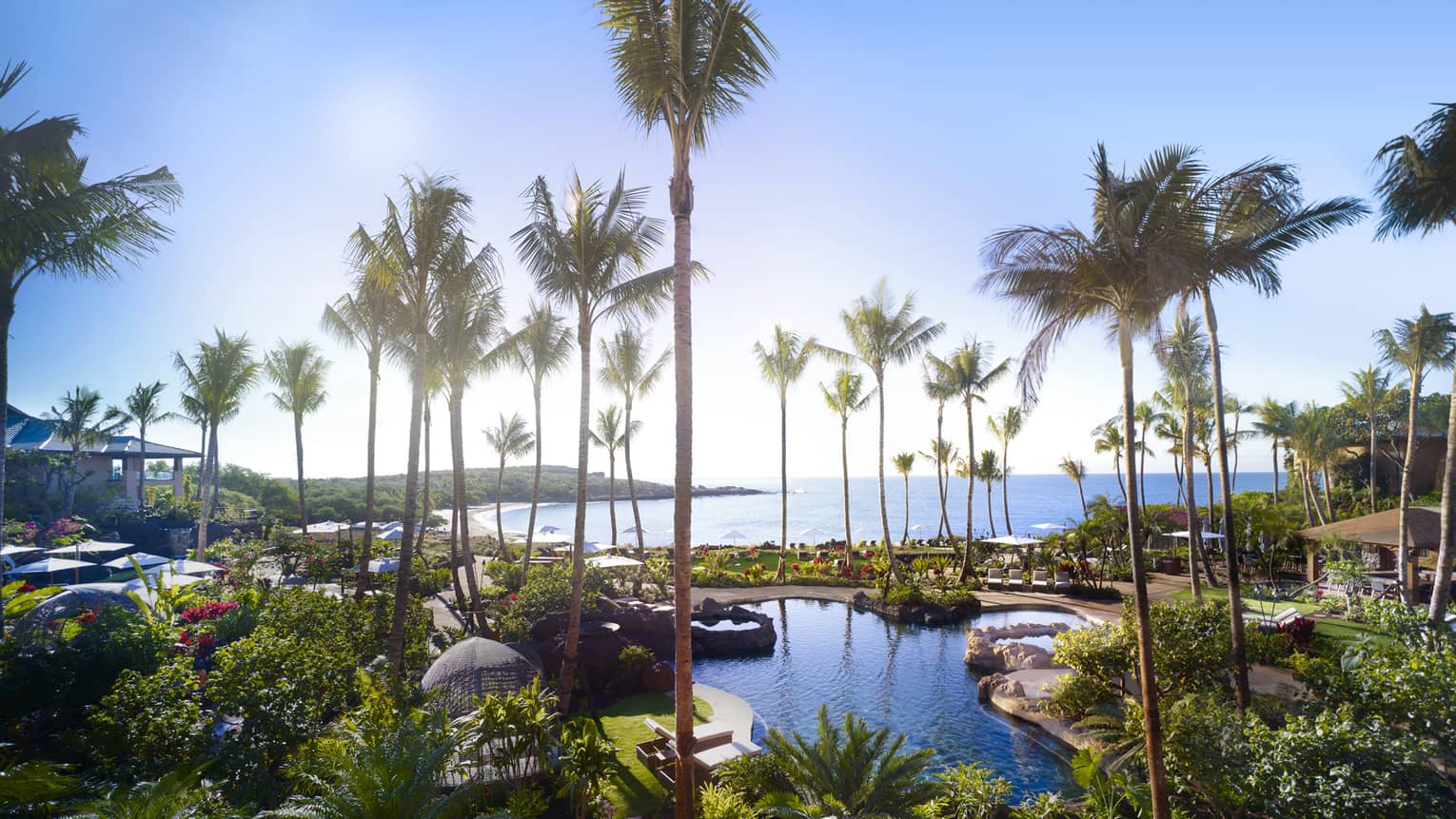 View over Four Seasons Resort Hawaii, Lanai outdoor swimming pools, palm trees by ocean