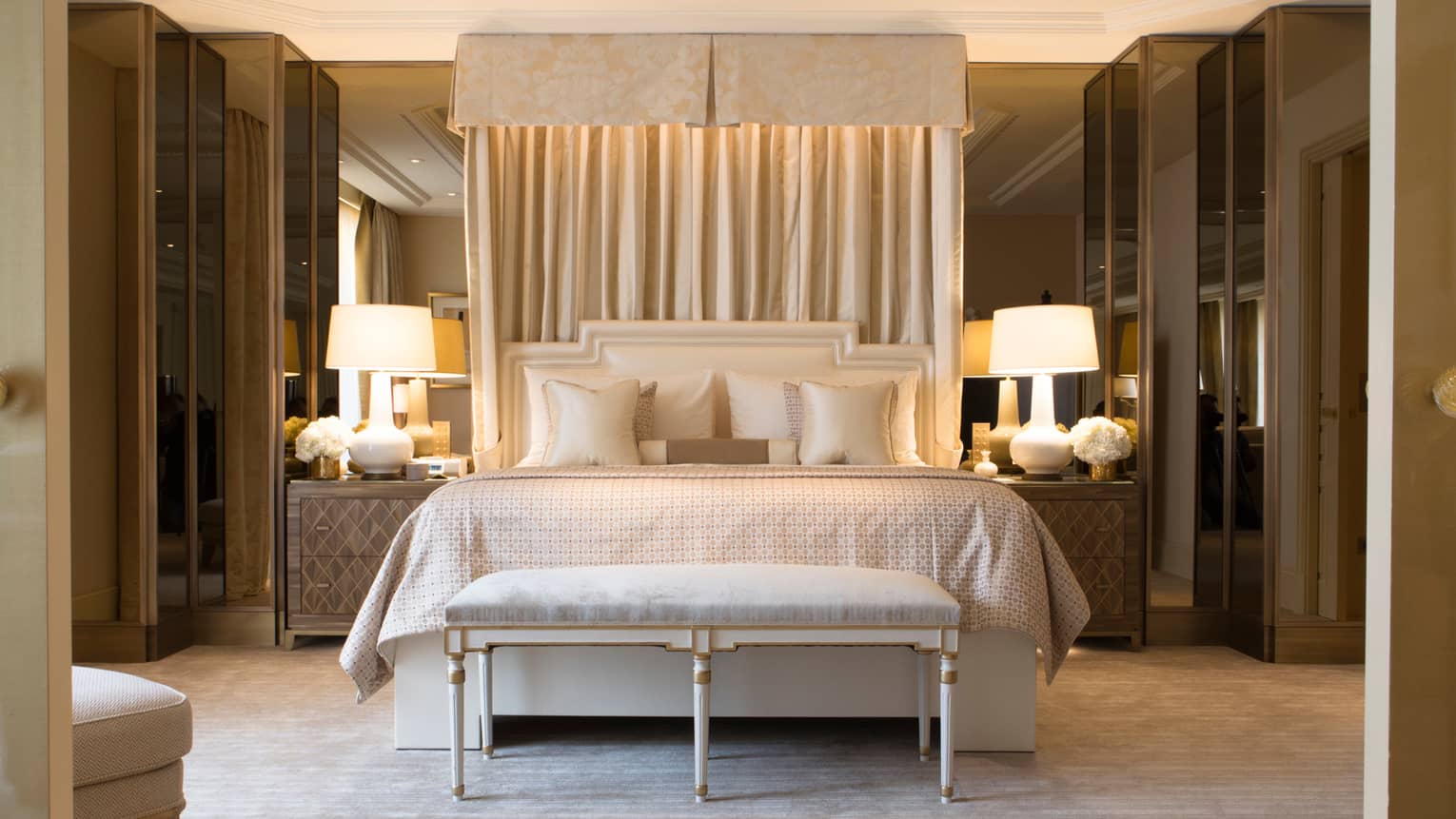 Presidential Suite bench, bench under white canopy, mirrors, lamps on each side