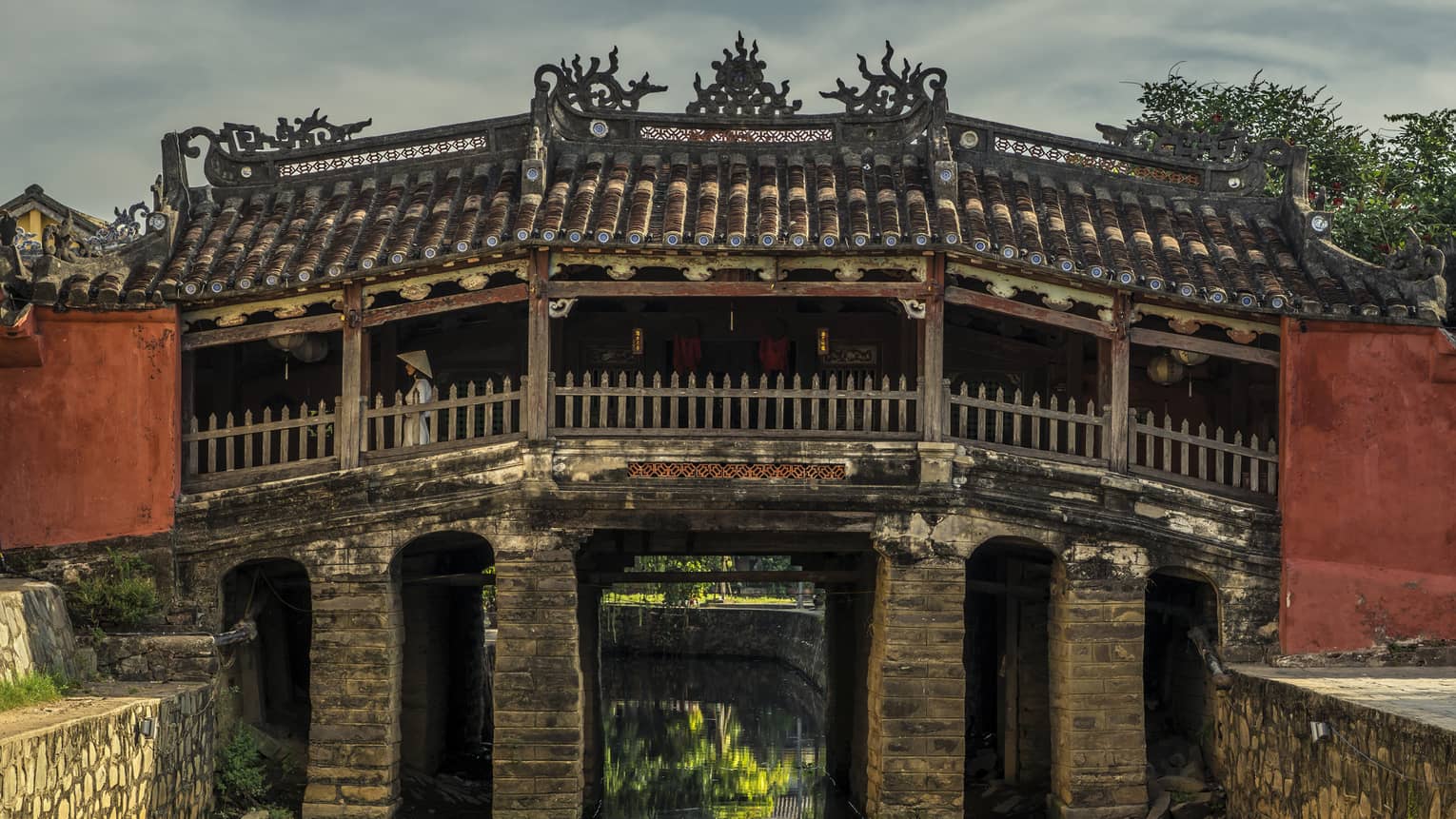 A side view of an ornate stone walkway in Hoi, Viet Nam