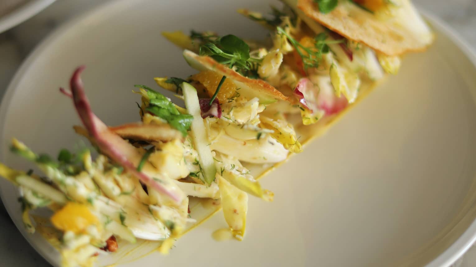 Baby endives, grapes, tangerine slices, apple slices, Parmesan cheese, pecans and croutons topped with mustard dressing