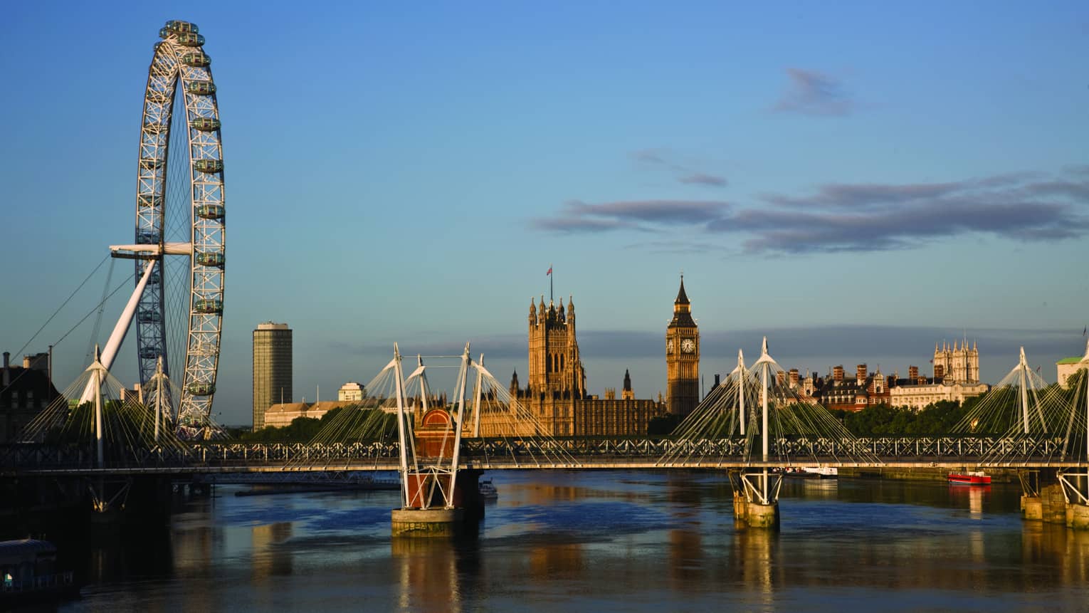 Wide shot of the London Skyline, including Tower Bridge, Big Ben, London Eye and other buildings