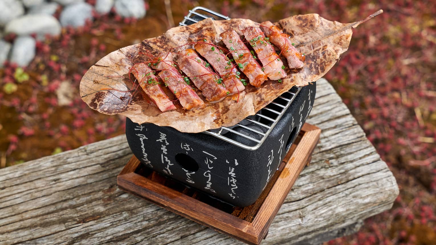 Sliced Wagyu beef on brown leaf atop square black grill