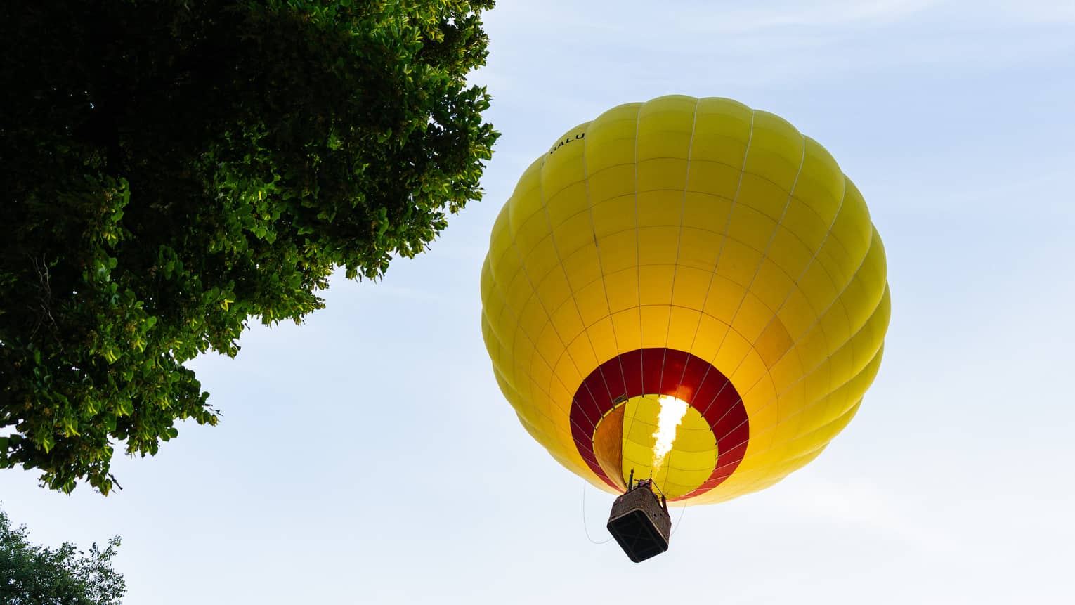 A yellow hot air balloon floating in a blue sky