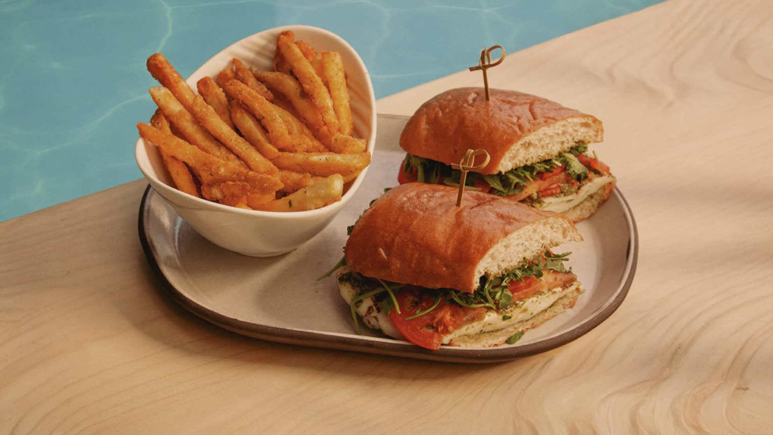 Caprese ciabatta sandwich with fries