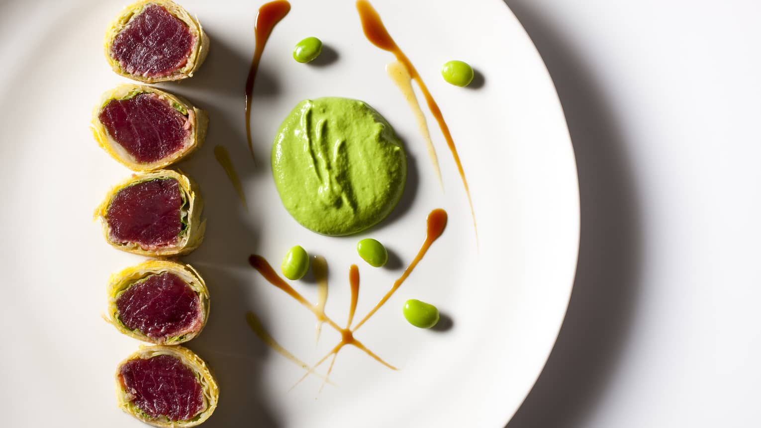 Tuna roll with soy bean emulsion prepared by Chef Jean George and Ron Gallo of Jojo restaurant in NYC