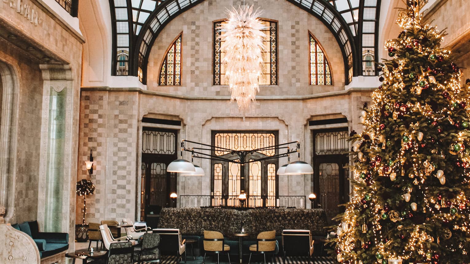 Hotel lobby with domed ceiling and crystal chandelier above sparkling Christmas tree