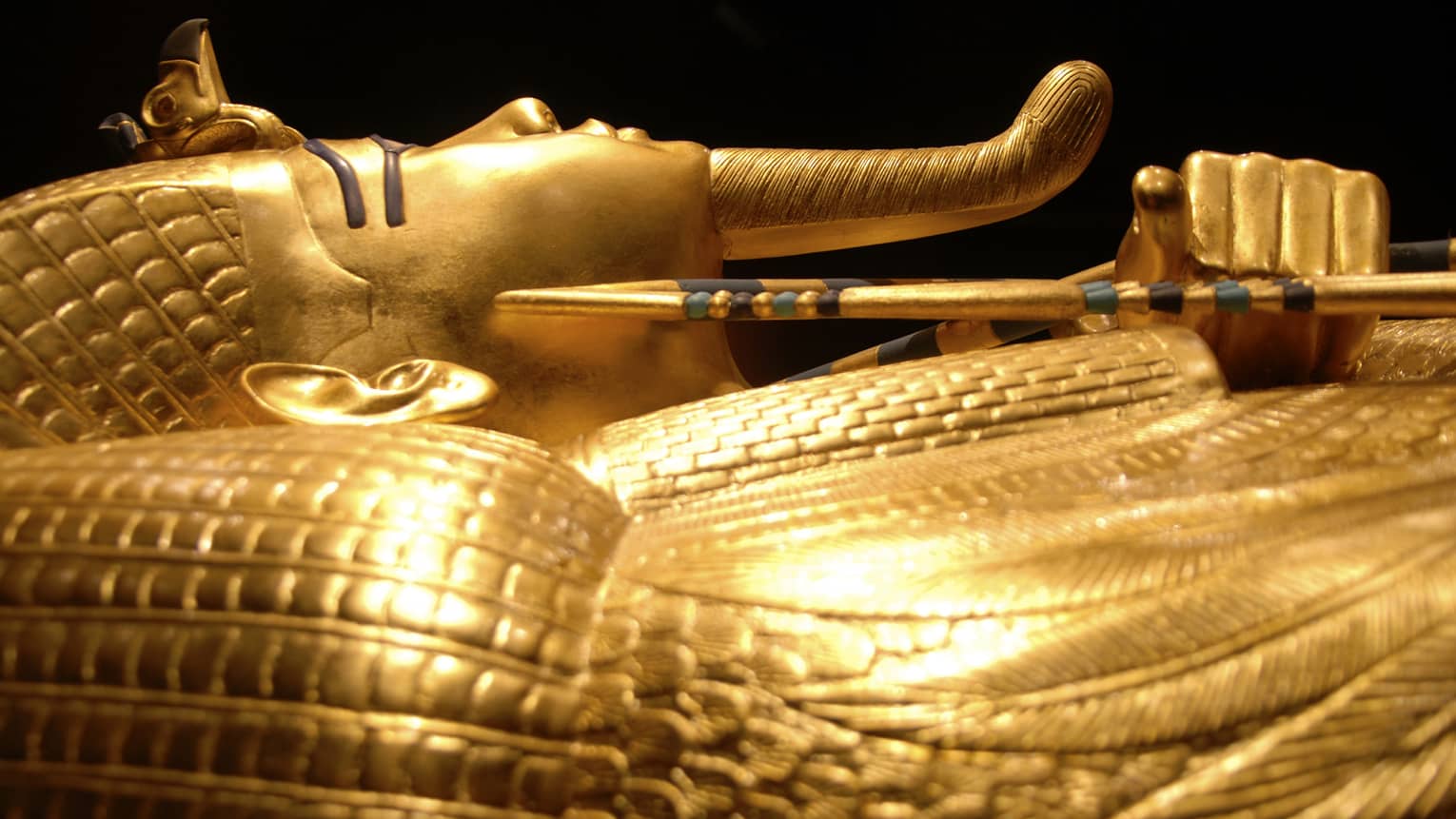 Side view of gold Pharaoh King Tutankhamun tomb in Cairo Egyptian Museum