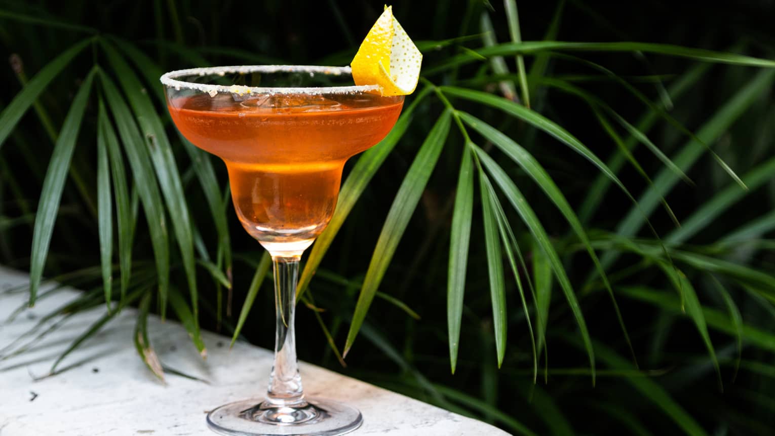 An amber coloured cocktail with a lemon wedge resting on a concrete wall next to the leaves of a palm tree.