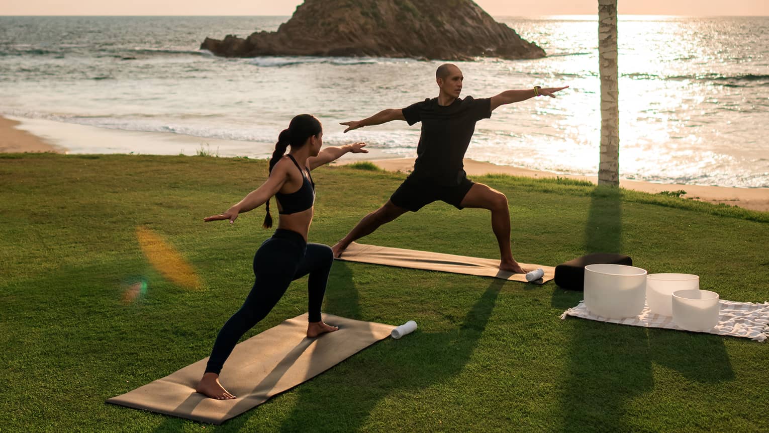 Two people in yoga poses on yoga mats on a lush grassy area next to the beach. A palm tree, the beach, the ocean and a bright but partially cloudy sky are in the background.