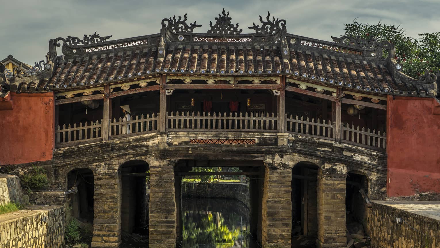 A side view of an ornate stone walkway in Hoi, Viet Nam