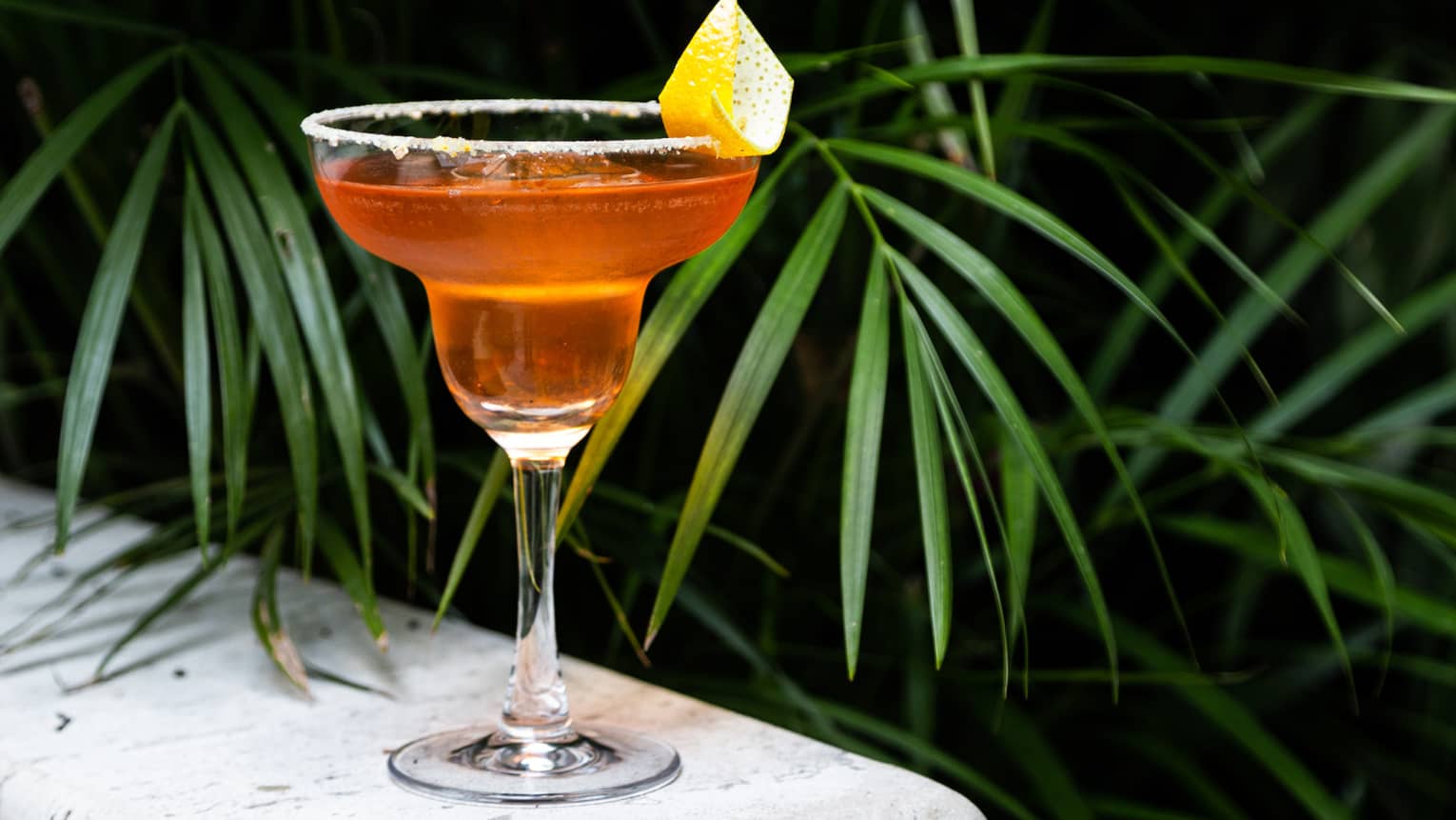 An amber coloured cocktail with a lemon wedge resting on a concrete wall next to the leaves of a palm tree.