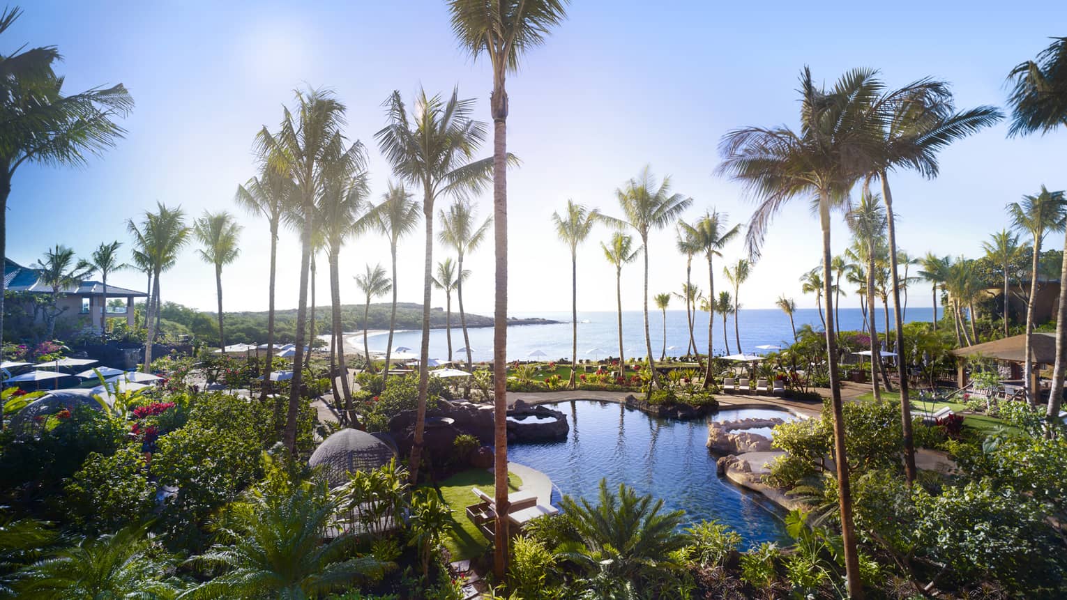 View over Four Seasons Resort Hawaii, Lanai outdoor swimming pools, palm trees by ocean