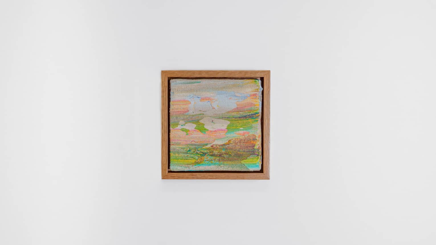 Square abstract painting using light blue and green with swaths of pink