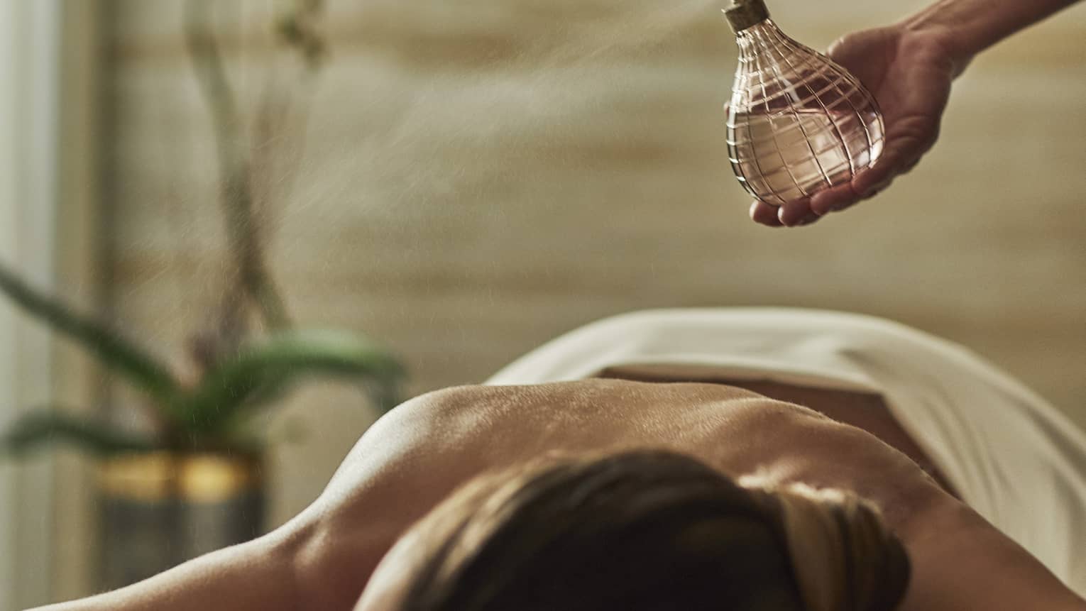A woman having mist sprayed over her on a spa treatment room.