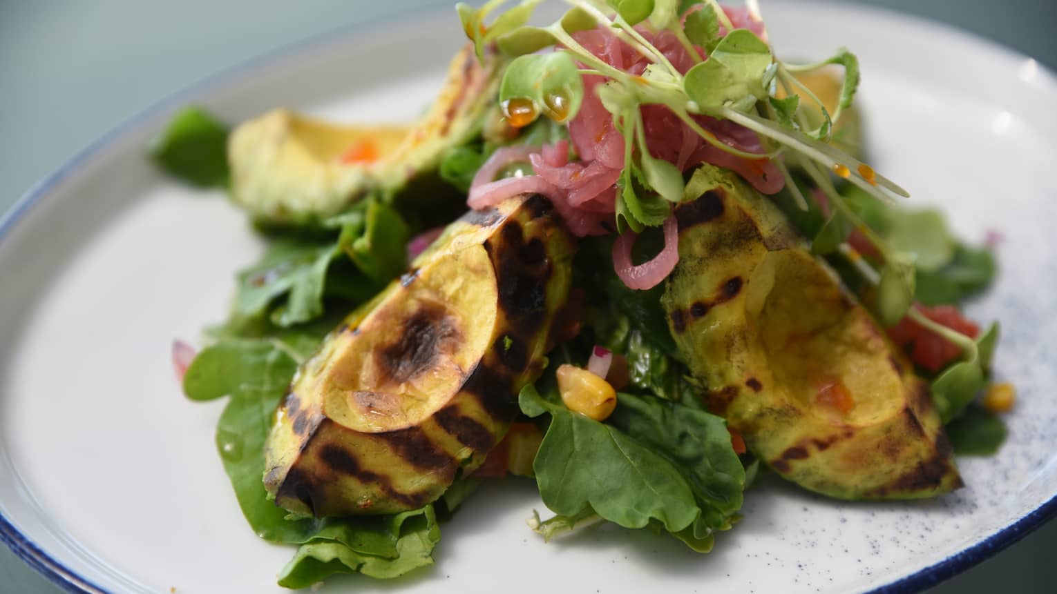 A salad with green leaves and avocado on a white plate.