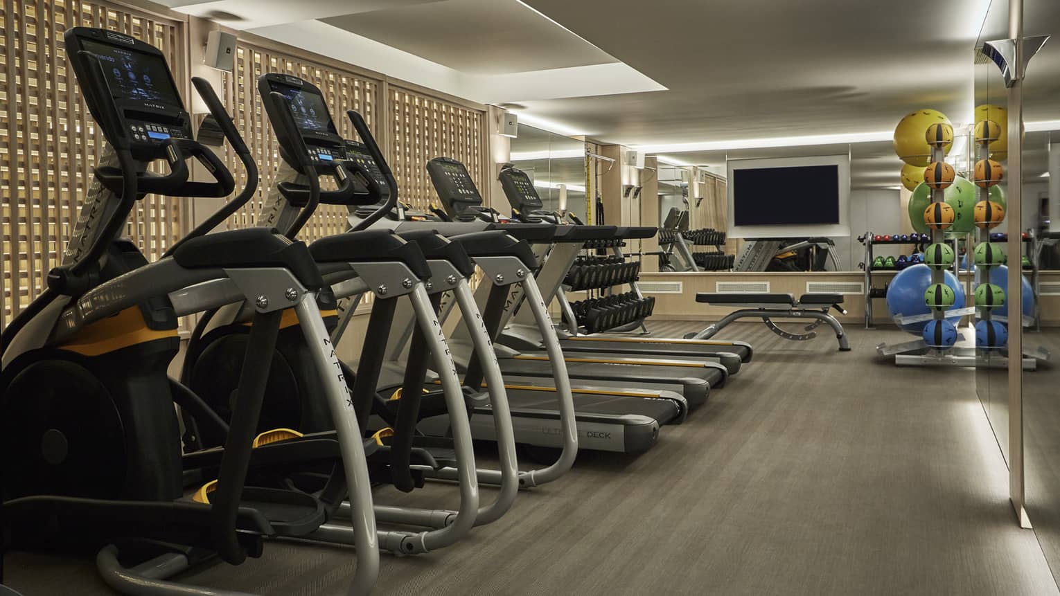 Row of cardio machines in fitness room with wood floor, colourful pilates balls on rack in background